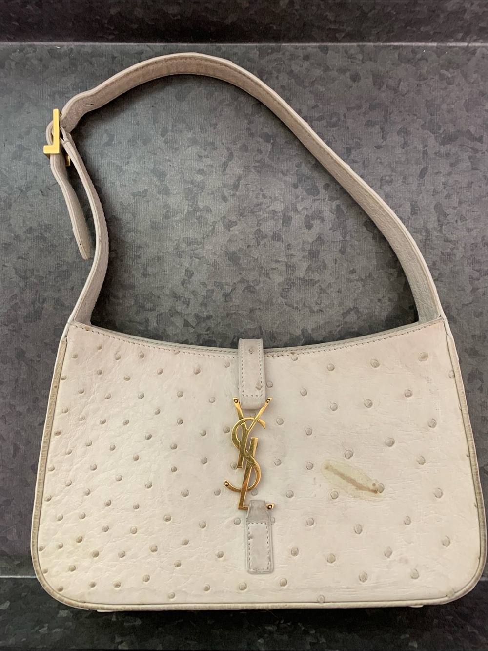 Yves Saint Laurent Cream Ostrich Shoulder designer purse Bag with Gold Hardware
